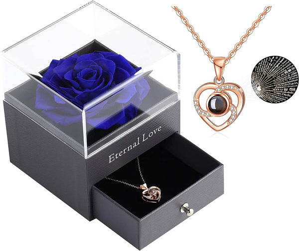 "Exquisite Preserved Dark Blue Rose with Love You Necklace in 100 Languages Gift Set - Perfect for Valentine's Day, Anniversary, Wedding, Birthday, and Romantic Occasions - Ideal Gift for Her"