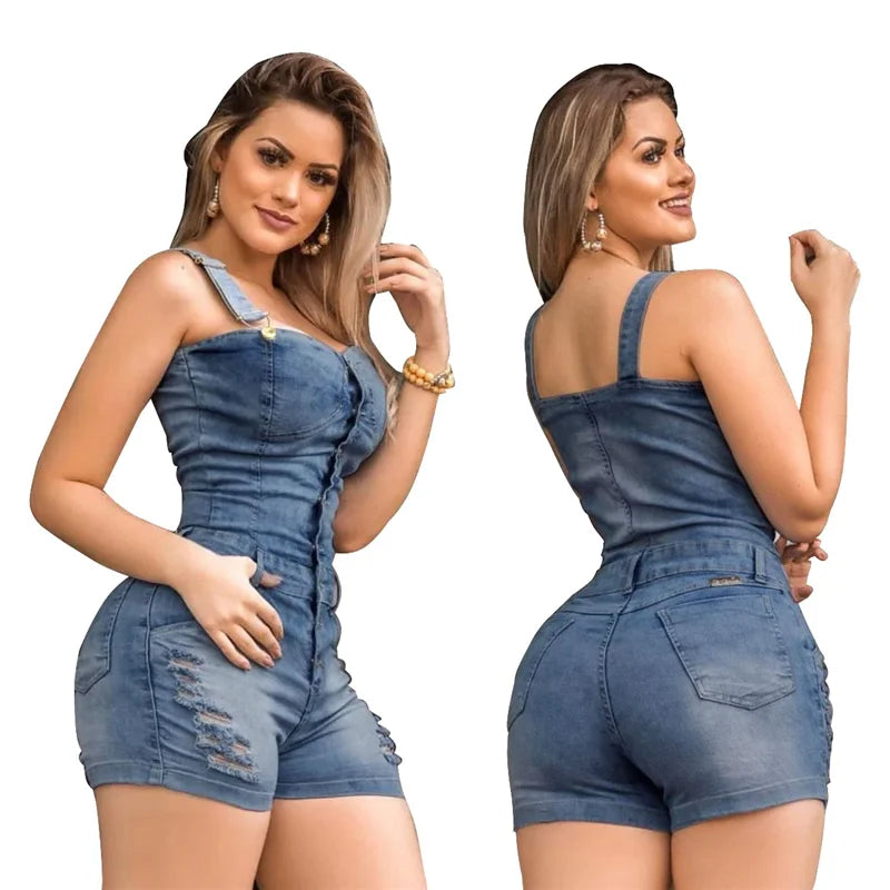 Slim Sleeveless Jeans Jumpsuit Denim Playsuit for Women 2021 Buttons Elegance Cotton Jeans Woman Rompers Womens Jumpsuit Shorts